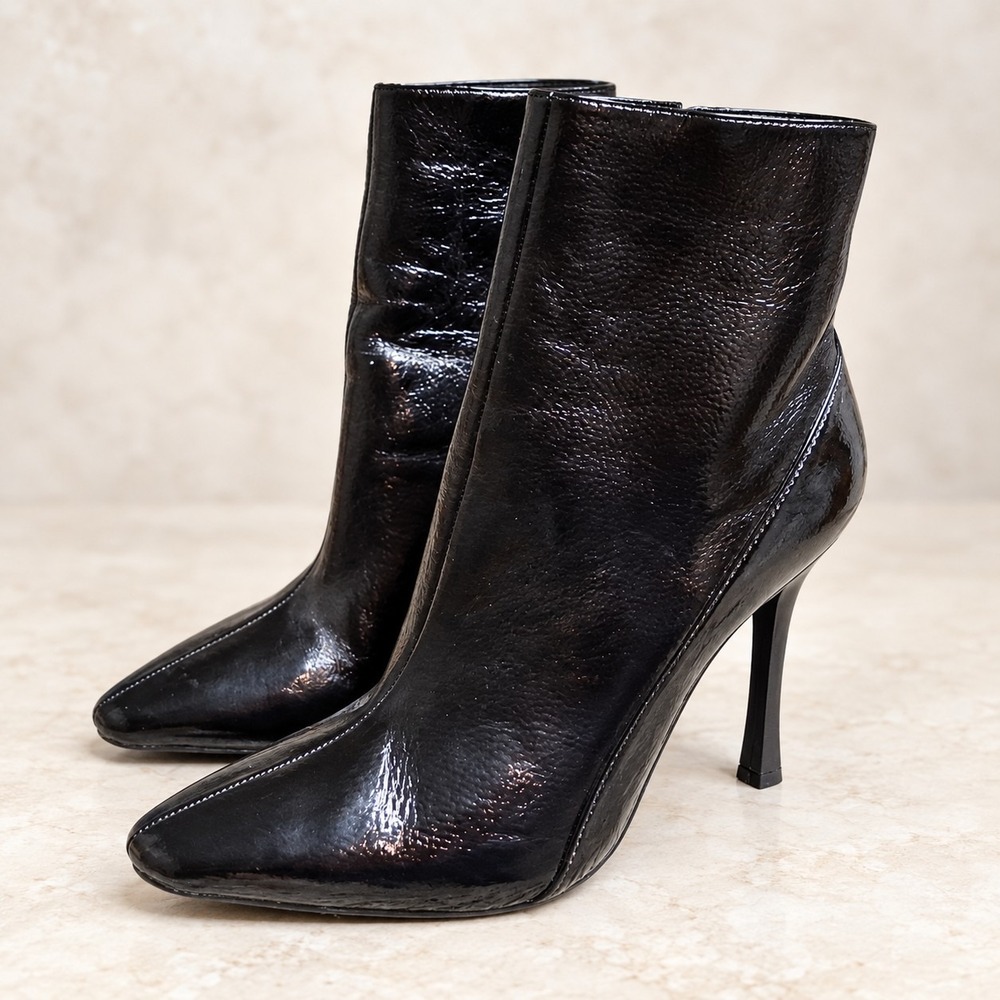 Fashion Nova Black Glossy Pointed Toe Stiletto Ankle Boots Size 8 Y2K